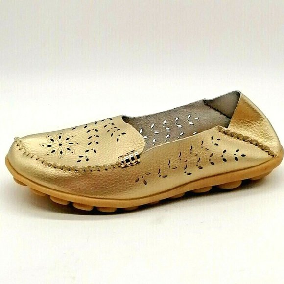 Womens Flat Heel‎ Slip On Floral Cut Out Design Loafer Cushioned Gold EUR 43 NEW - Picture 1 of 9